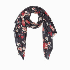 100% WOOL PRINTED SCARF - BLACK FLORAL