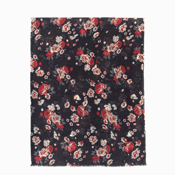 100% WOOL PRINTED SCARF - BLACK FLORAL