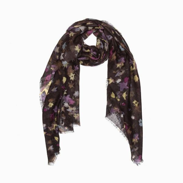 100% WOOL PRINTED SCARF - PURPLE MAPLE LEAVES FLORAL