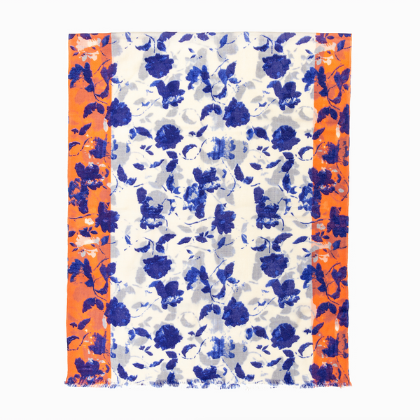 100% WOOL PRINTED SCARF - WHITE/BLUE/ORANGE
