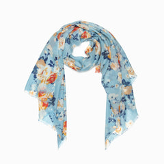 100% WOOL PRINTED SCARF - DUSTY BLUE/ORANGE FLORAL