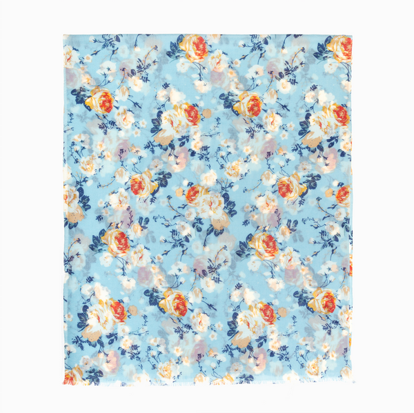 100% WOOL PRINTED SCARF - DUSTY BLUE/ORANGE FLORAL