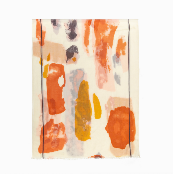 100% WOOL PRINTED SCARF - ORANGE/GREY
